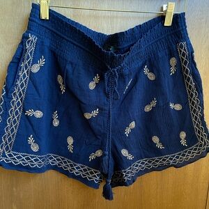 J. Crew Navy Blue Gold Embroidered Pineapple Gauze Shorts Medium 💙